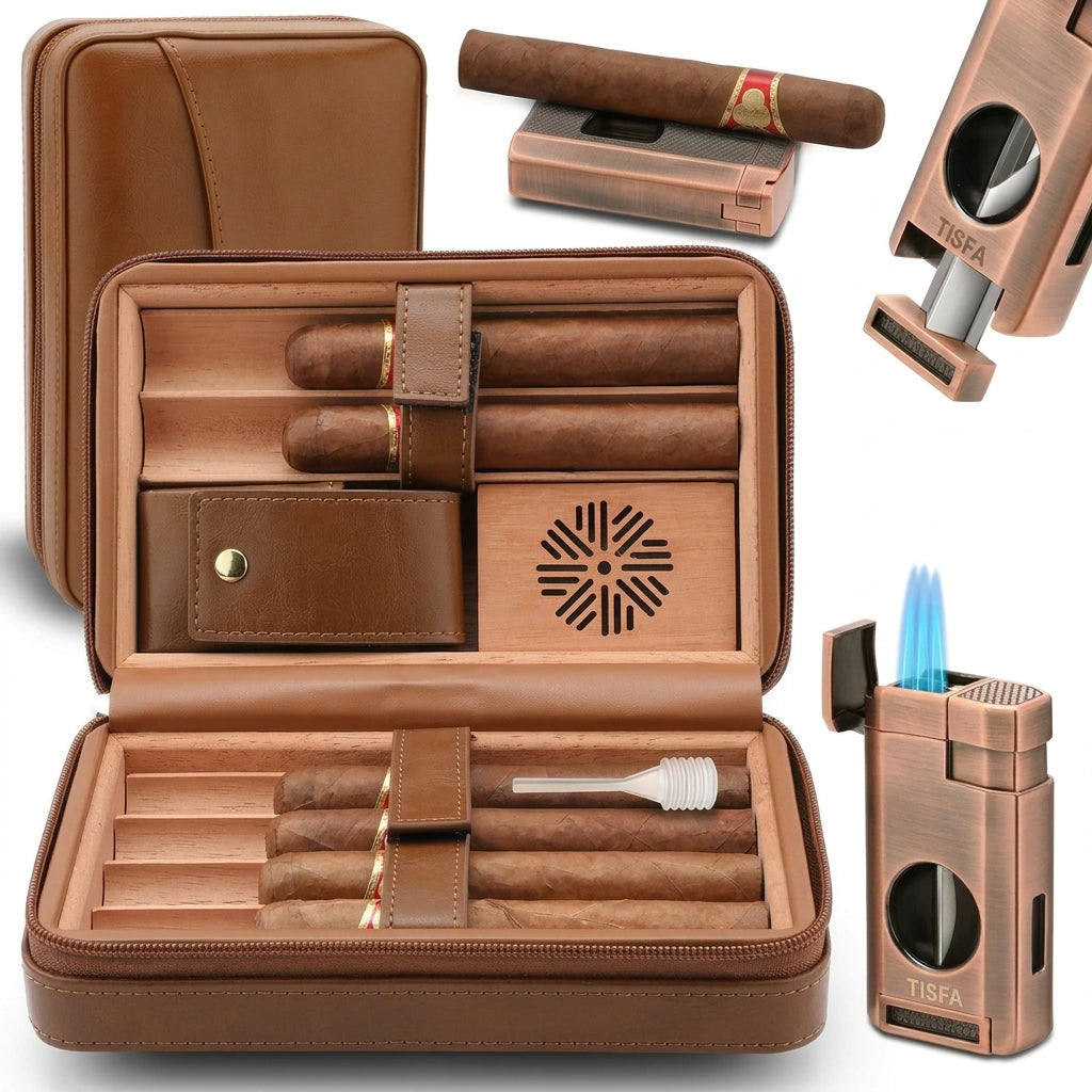 3-In-1, Brown Cigar Humidor, Portable Leather Cedar Wood Cigar Case with Cigar Lighter, V Cut Cigar Cutter, Cigar Holder — Studio Shot