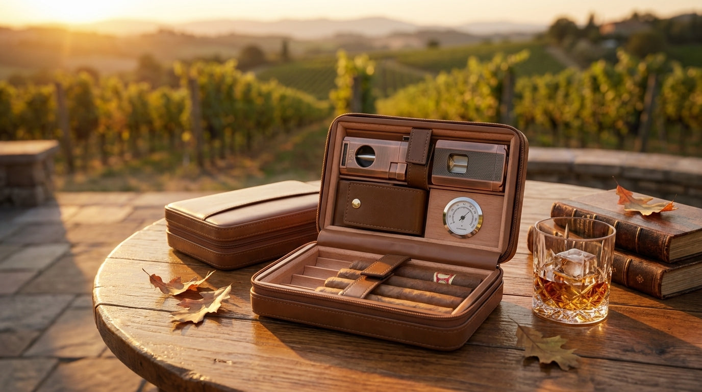 3-In-1, Brown Cigar Humidor, Portable Leather Cedar Wood Cigar Case with Cigar Lighter, V Cut Cigar Cutter, Cigar Holder — Lifestyle