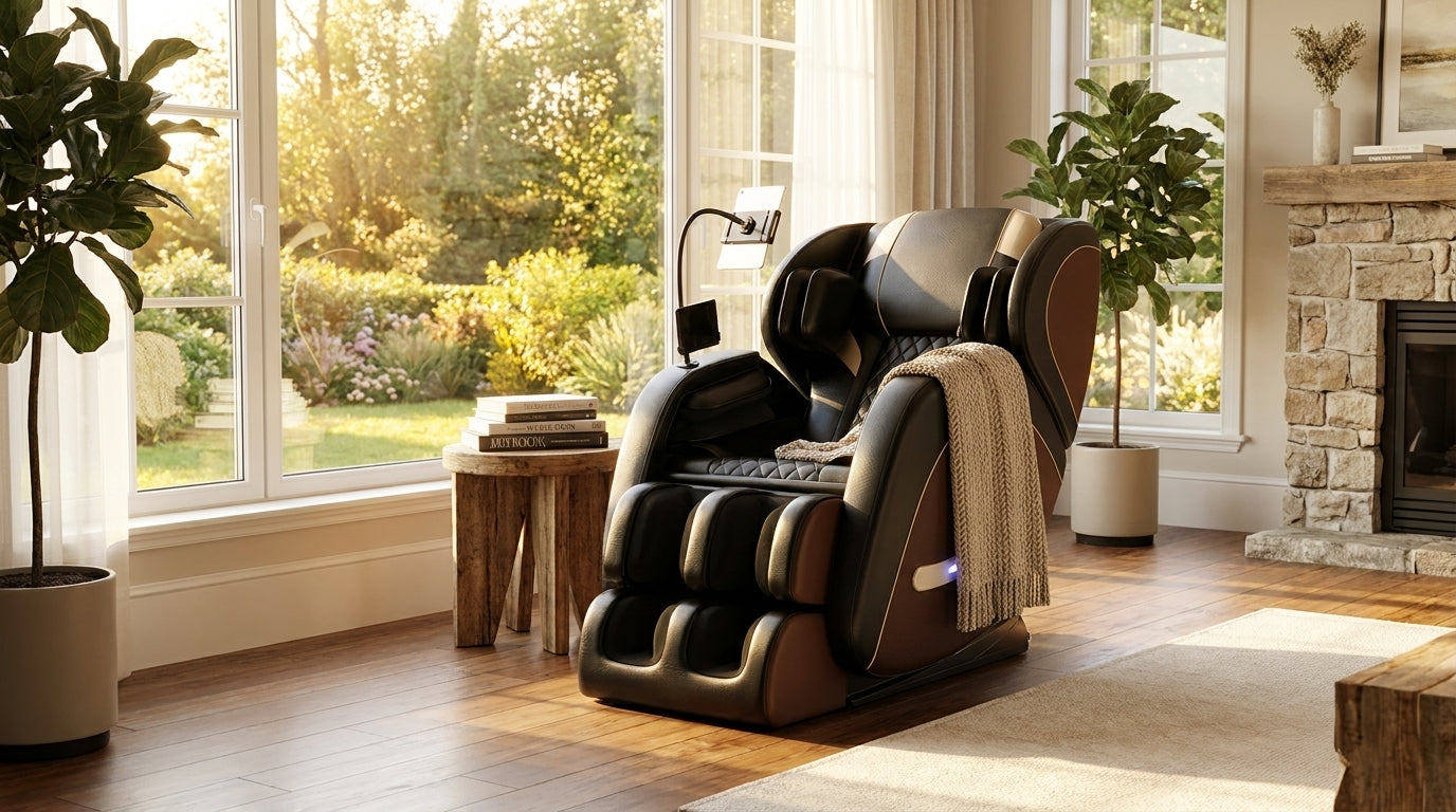 Full Body Massage Chair Recliner with Zero Gravity,  Leather Massage Chair with Air Pressure, 8 Massage Fix Rollers, Heating, Airbag, Bluetooth, Retractable Footrest for Relaxion, Brown+Black — Lifestyle